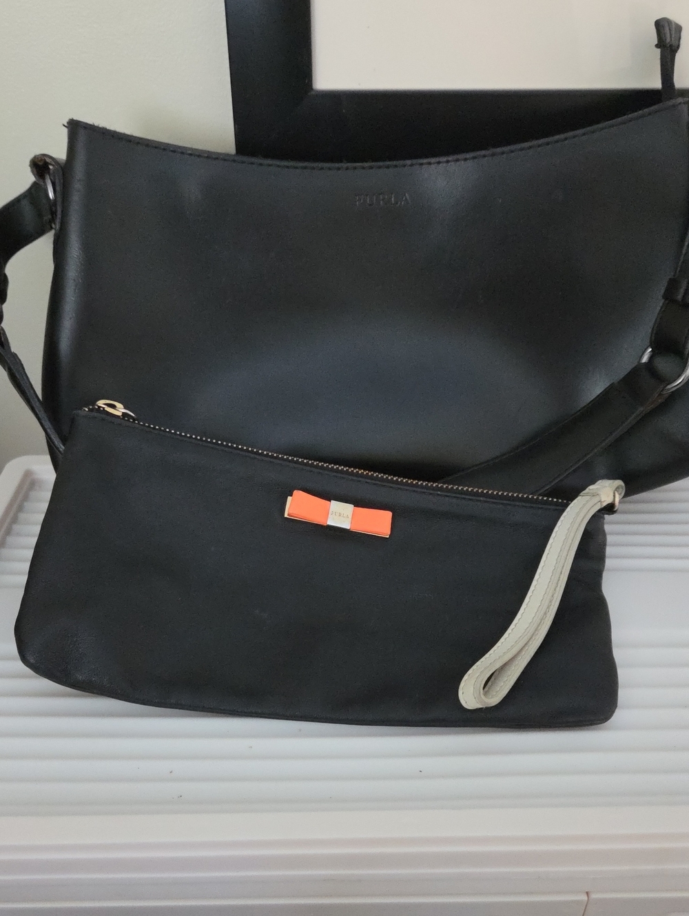 Furla Black Leather Purse with Black Wristlet Pouch
